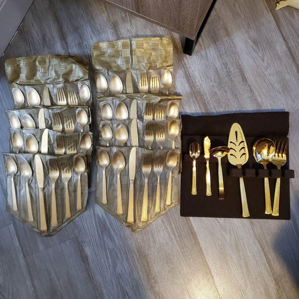 Vintage Elegant Cosmos Verme Gold Tableware Flatware Set Serving 8, 54 pieces